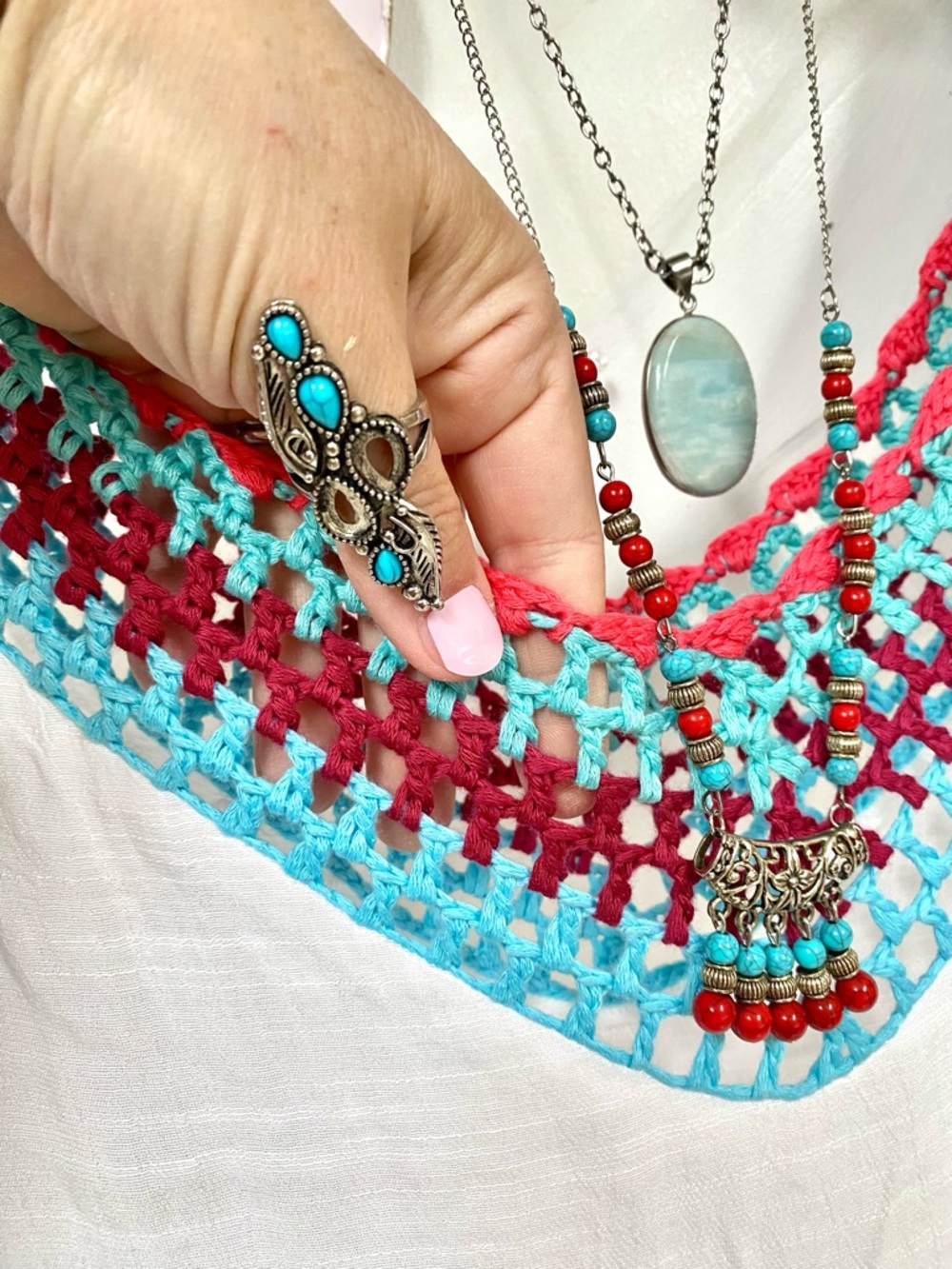 Granny fringe crochet boho tunic dress cover up w hippy Gypsy beach vibe - Picture 11 of 13